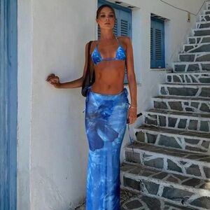 SHEIN Blue Tie-Dye Floral Triangle Bikini Set with Sarong